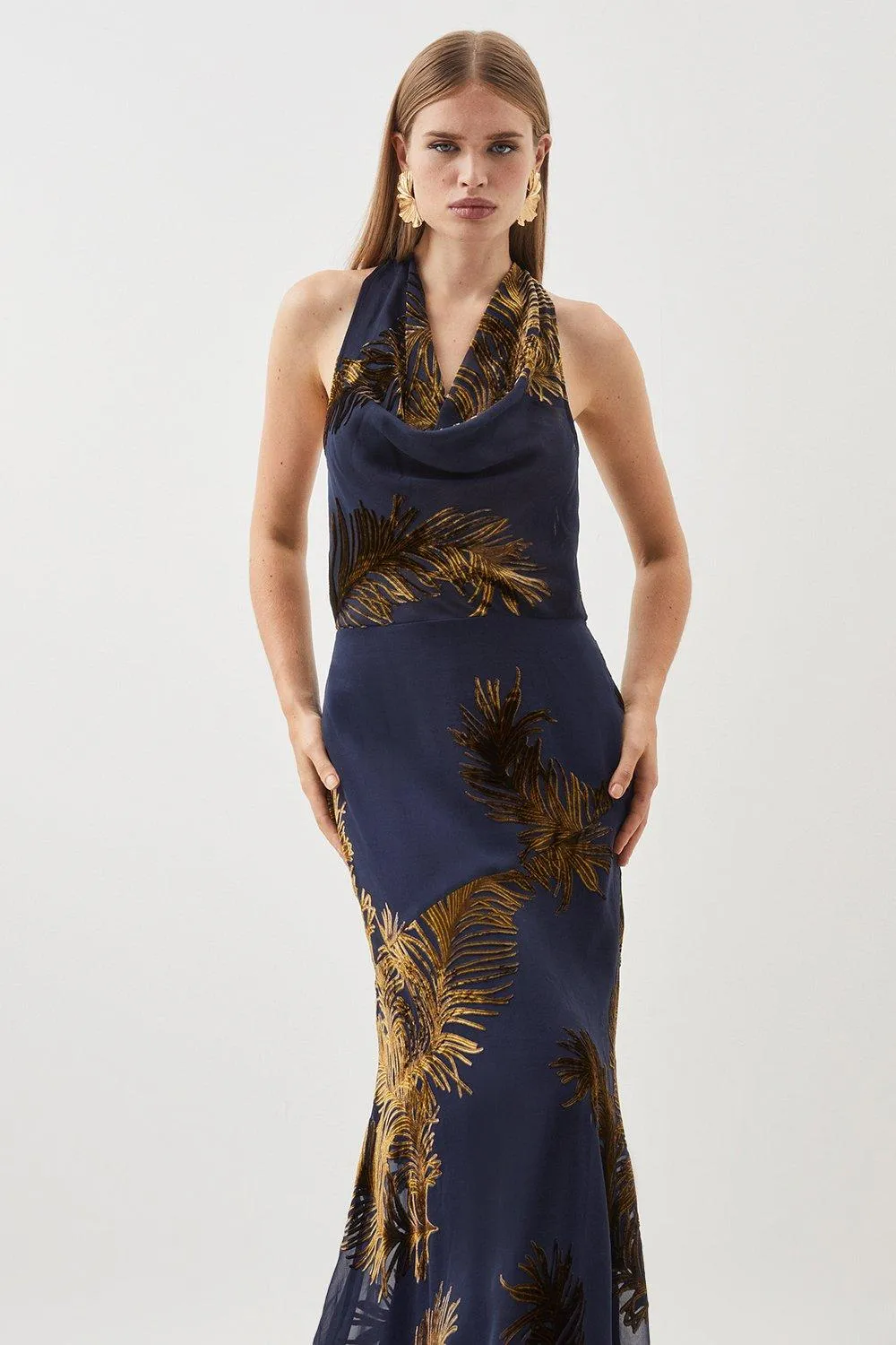 Tall Feather Devore Halter Neck Woven Midi Dress | Karen Millen