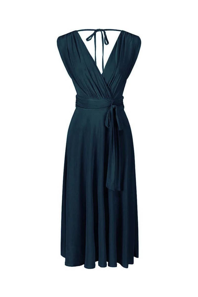 Teal Blue Crossover Top V Neck Tie Waist Cocktail Dress