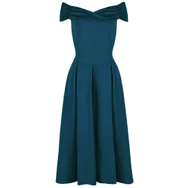 Teal Crossover Bardot 50s Swing Dress