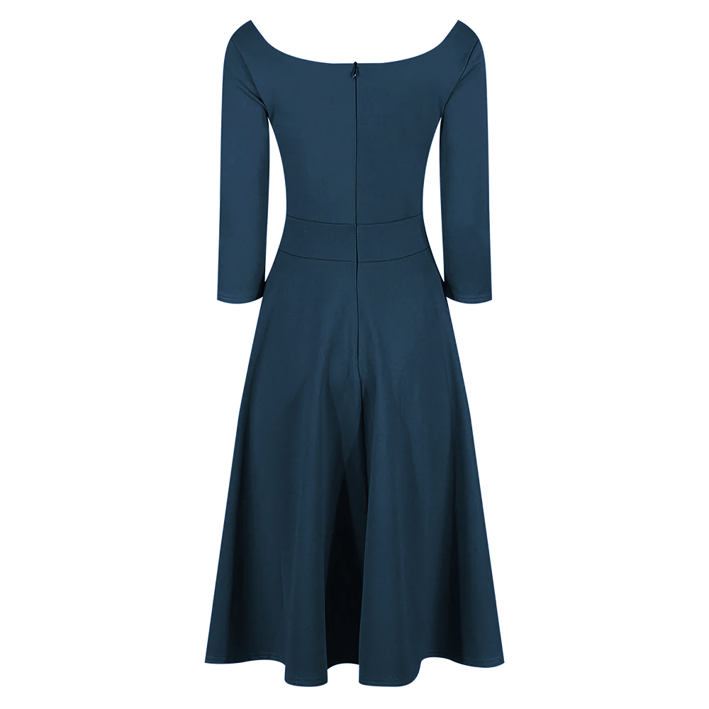 Teal Diamond Neckline 3/4 Sleeve Vintage Swing Midi Dress