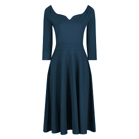 Teal Diamond Neckline 3/4 Sleeve Vintage Swing Midi Dress