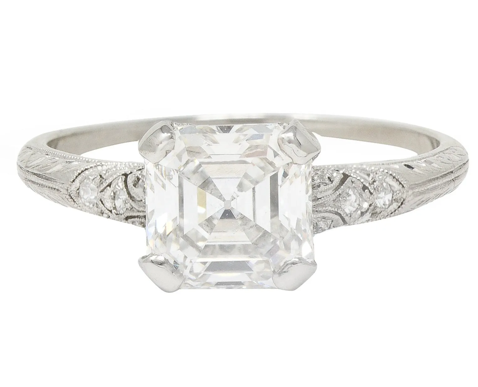 Tiffany & Co. Art Deco 1.88 CTW Asscher Cut Diamond Platinum Foliate Antique Engagement Ring GIA