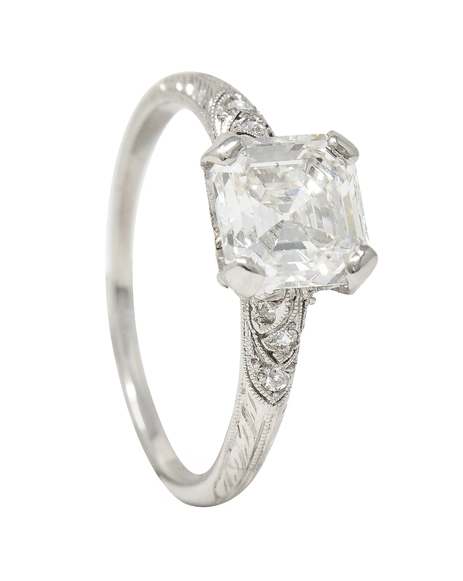 Tiffany & Co. Art Deco 1.88 CTW Asscher Cut Diamond Platinum Foliate Antique Engagement Ring GIA