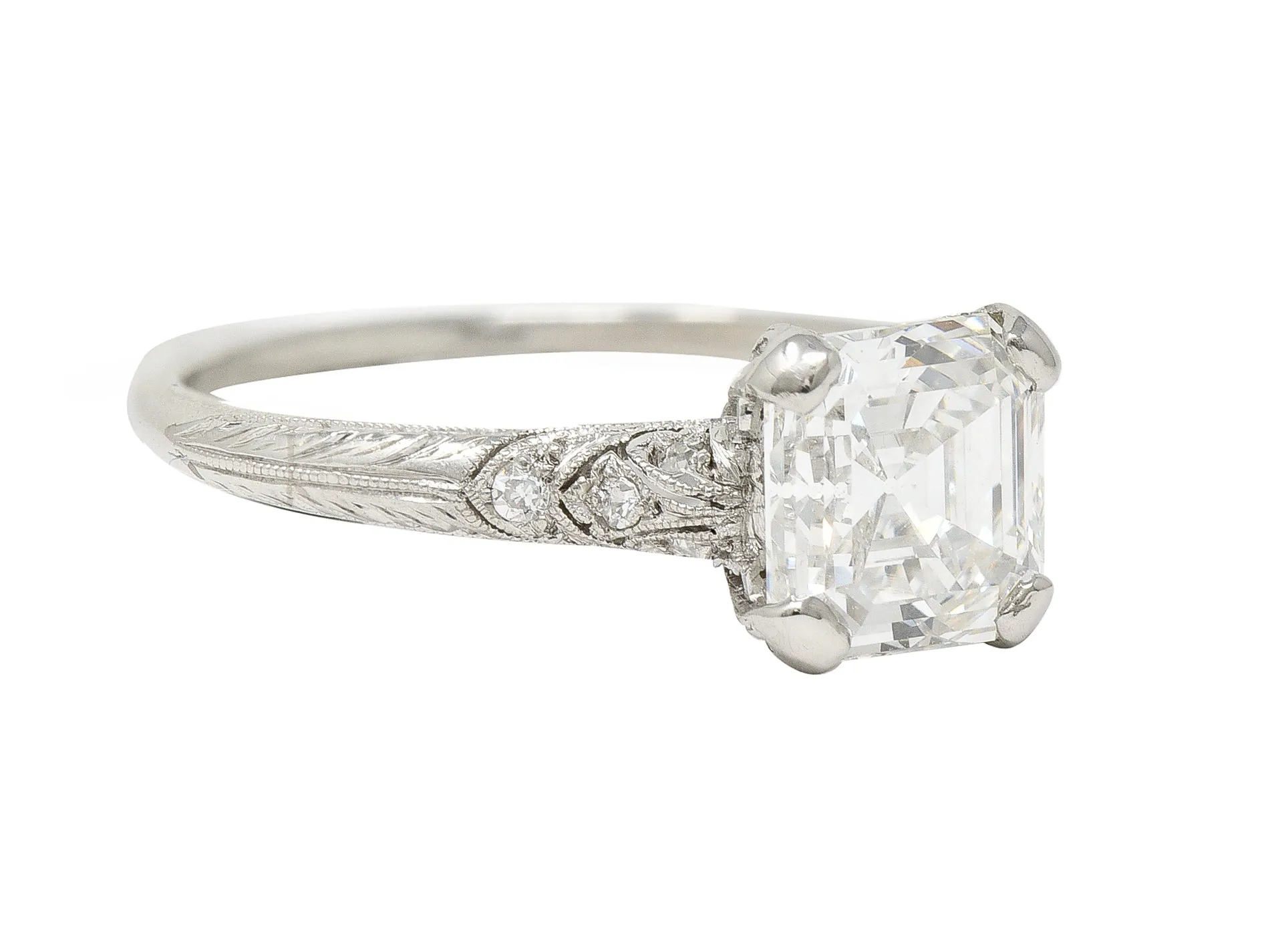 Tiffany & Co. Art Deco 1.88 CTW Asscher Cut Diamond Platinum Foliate Antique Engagement Ring GIA