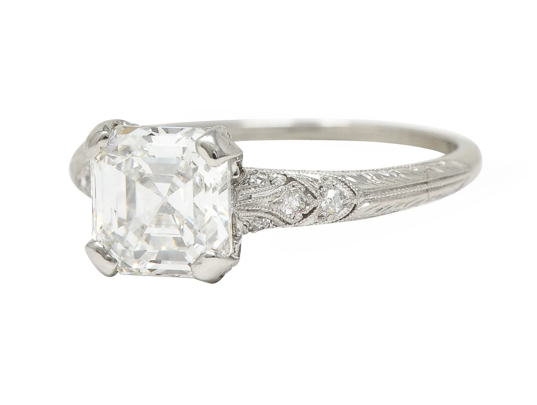 Tiffany & Co. Art Deco 1.88 CTW Asscher Cut Diamond Platinum Foliate Antique Engagement Ring GIA