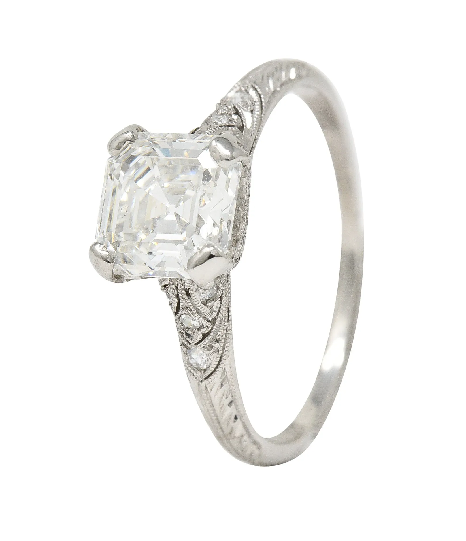 Tiffany & Co. Art Deco 1.88 CTW Asscher Cut Diamond Platinum Foliate Antique Engagement Ring GIA