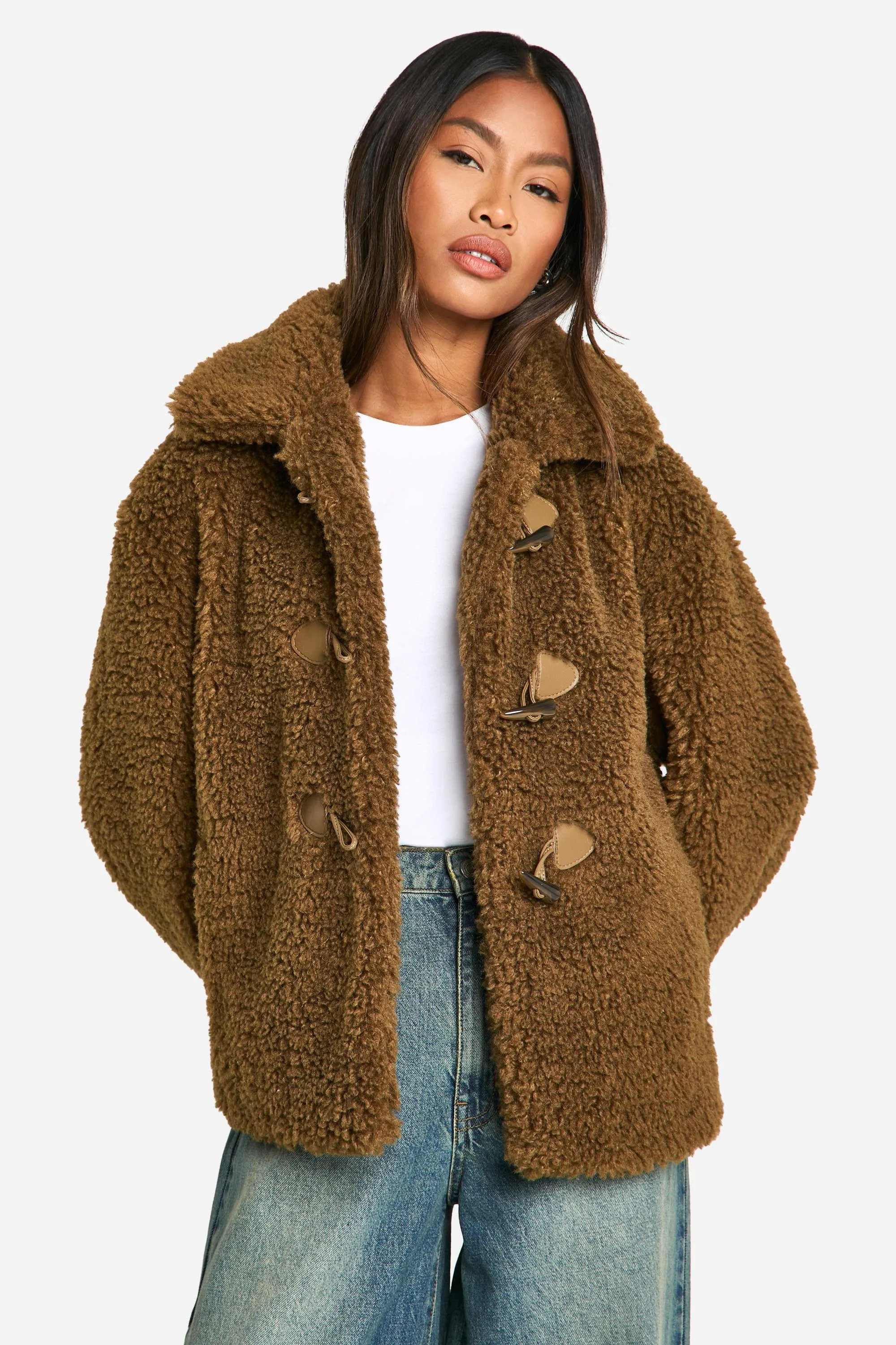 Toggle Detail Teddy Fur Coat