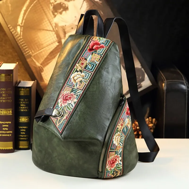 Unisex Retro Genuine Leather Embroidered Anti Theft Travel Backpack