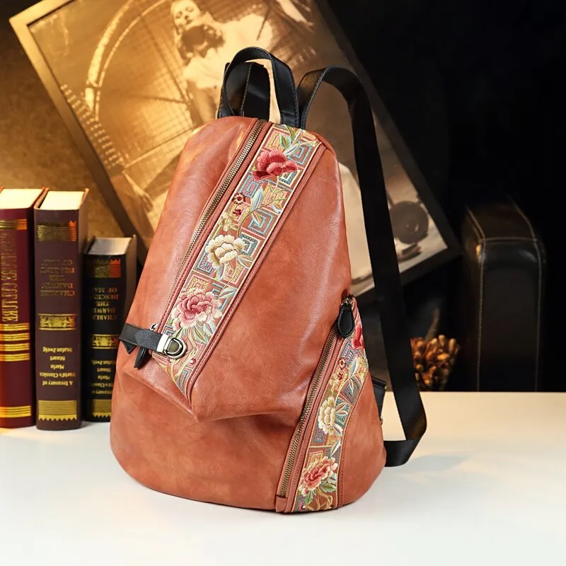 Unisex Retro Genuine Leather Embroidered Anti Theft Travel Backpack