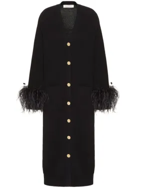 Valentino Garavani feather-trim wool midi dress - Black