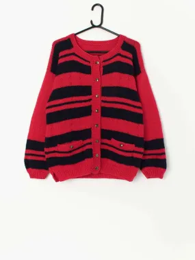 Vintage handknitted striped cardigan in red and navy – Medium