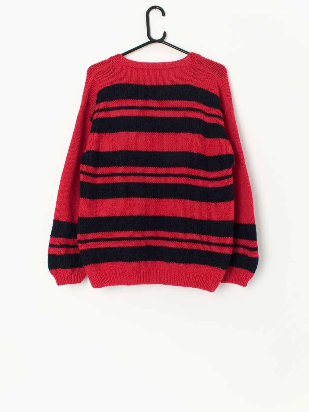 Vintage handknitted striped cardigan in red and navy – Medium