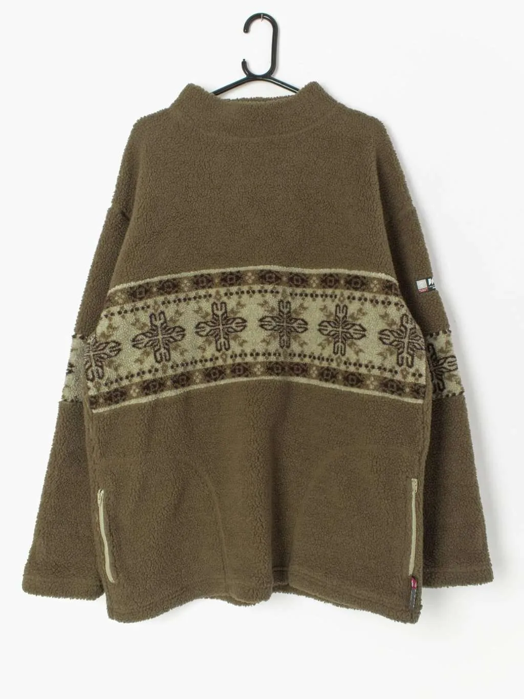 Vintage WSI sports teddy fleece pullover with aztec motifs in green beige with aztec motifs – XL