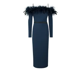 --Vittoria Ink Blue Feather Trimmed Midi Dress-