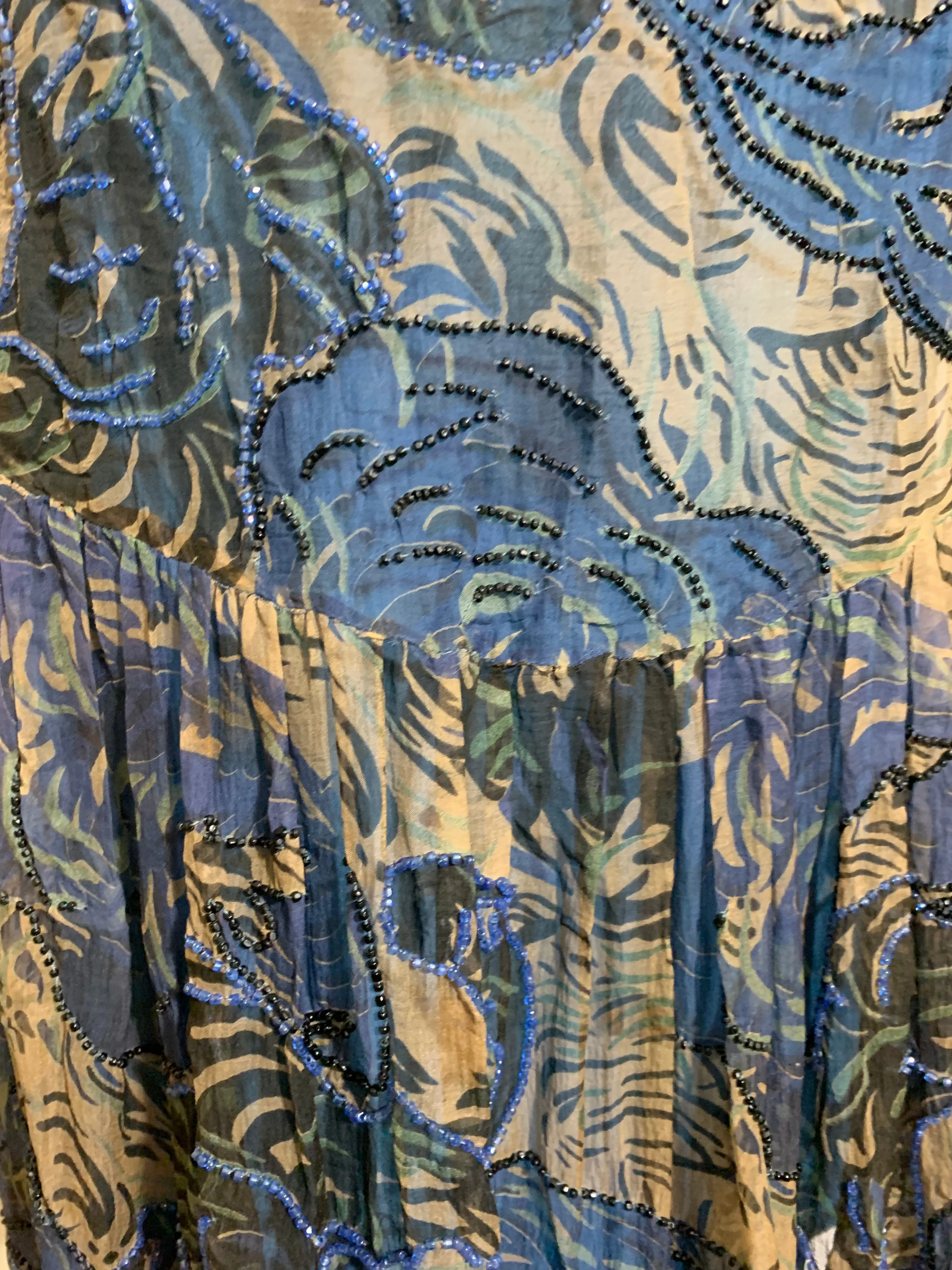 Vivid Blue Feather Plume Print Beaded Silk Chiffon Dropped Waist Dress circa 1920s