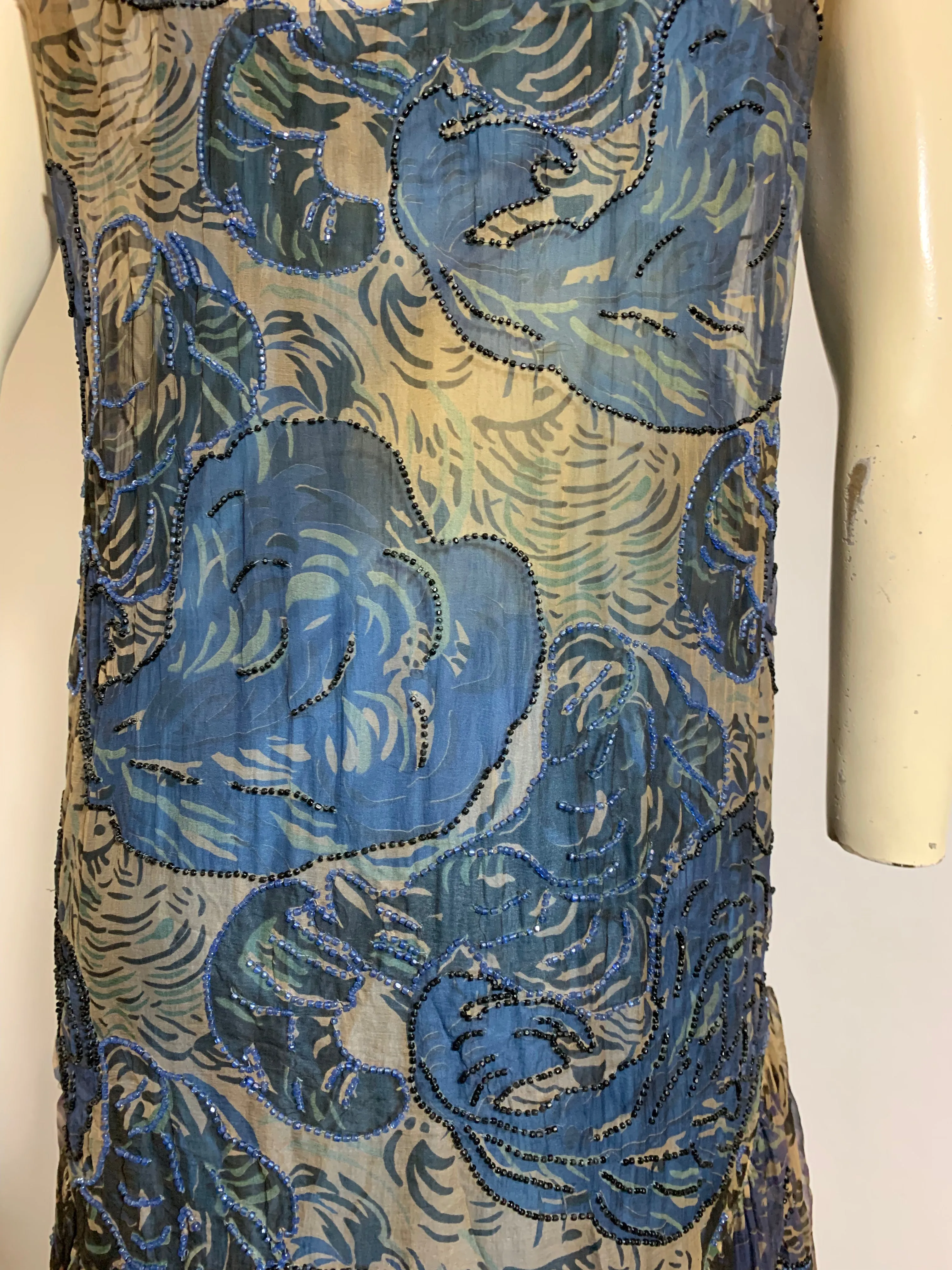 Vivid Blue Feather Plume Print Beaded Silk Chiffon Dropped Waist Dress circa 1920s