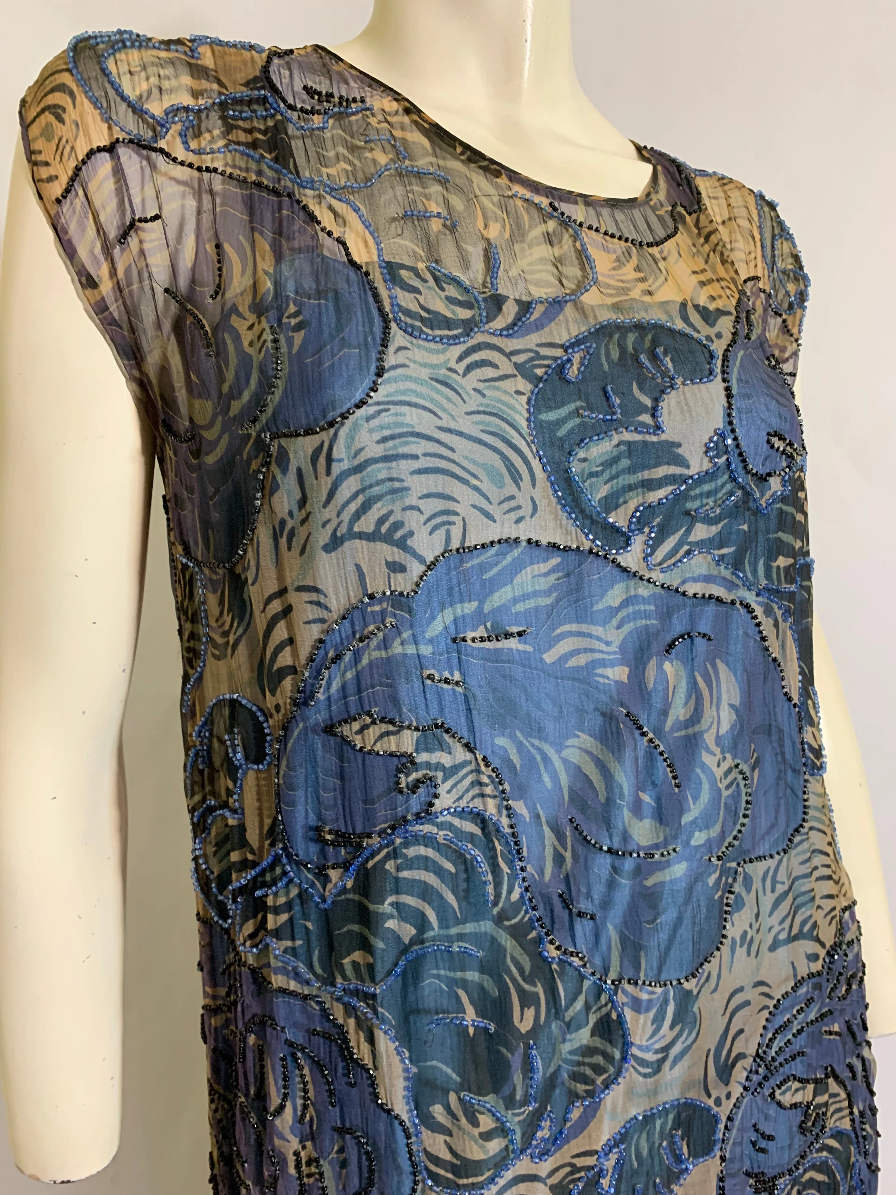 Vivid Blue Feather Plume Print Beaded Silk Chiffon Dropped Waist Dress circa 1920s