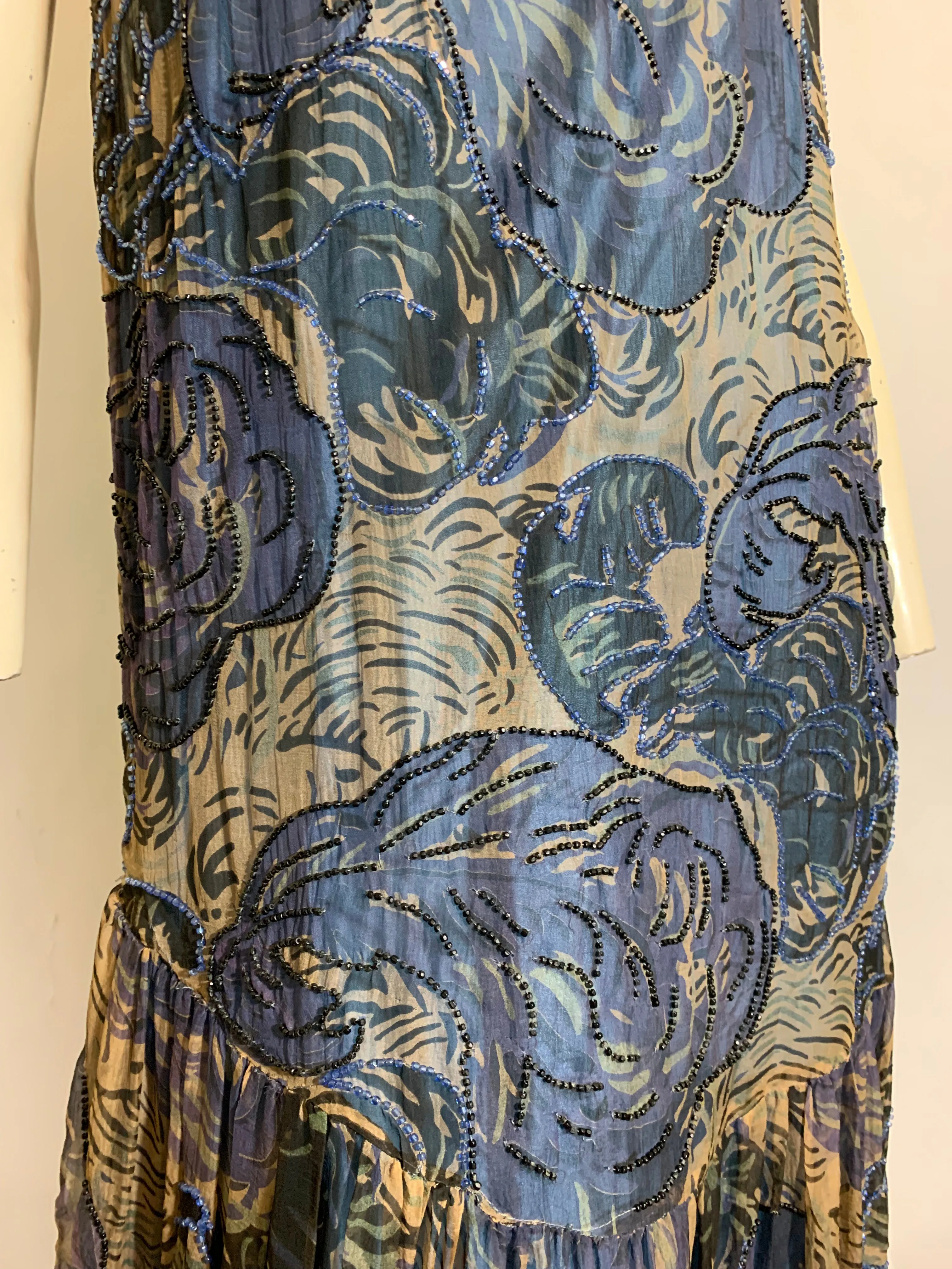 Vivid Blue Feather Plume Print Beaded Silk Chiffon Dropped Waist Dress circa 1920s