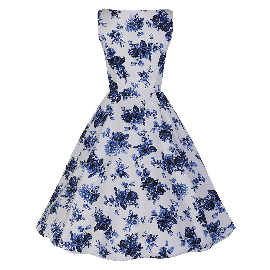 White and Blue Vintage Floral Blossom Rockabilly Swing Dress