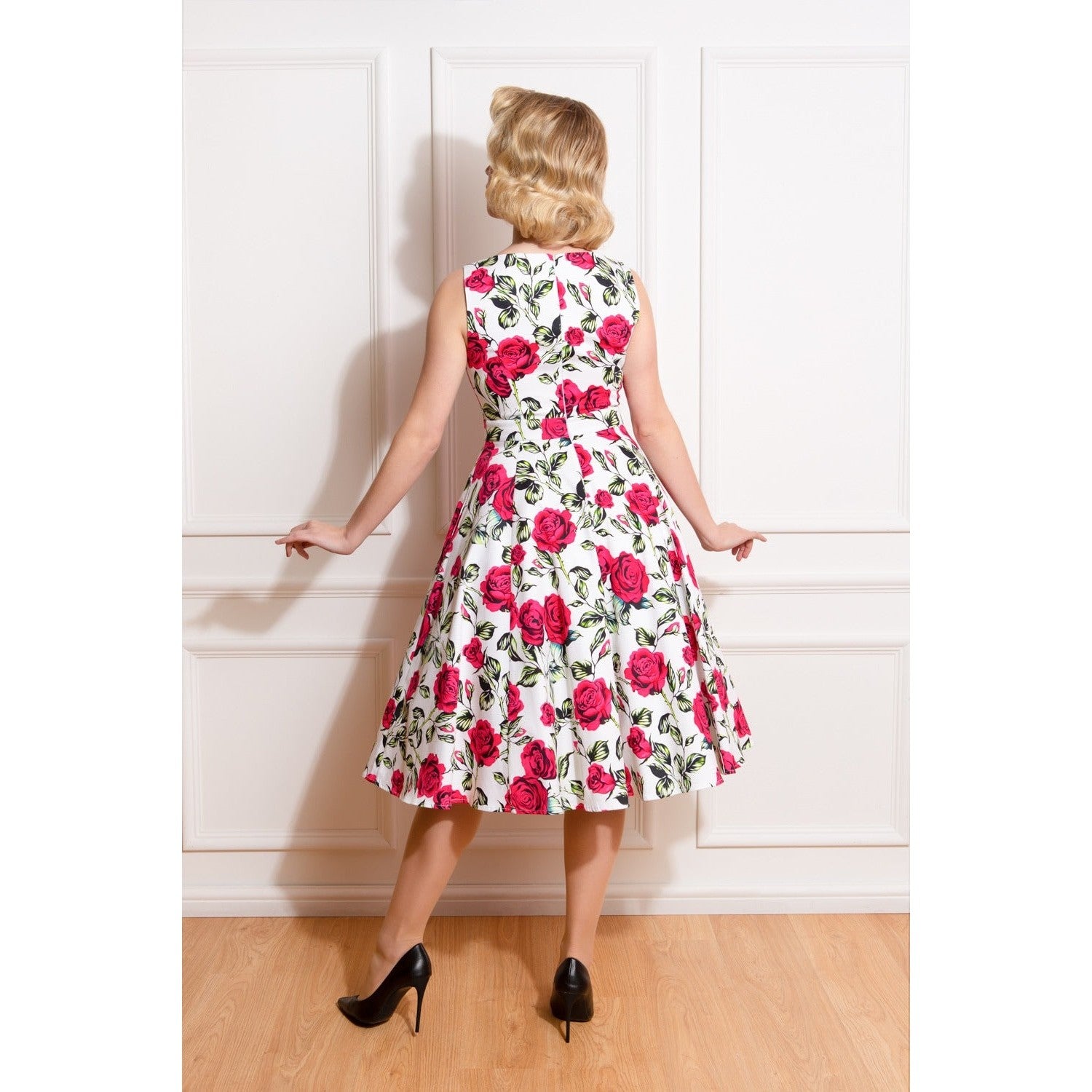 White Rose Floral Audrey Rockabilly 50s Swing Dress