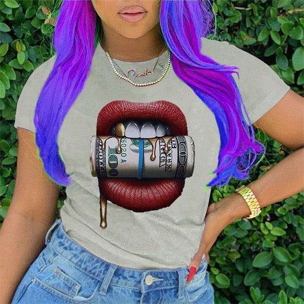 Women Dollar Lip Pattern 100% Cotton T-shirts