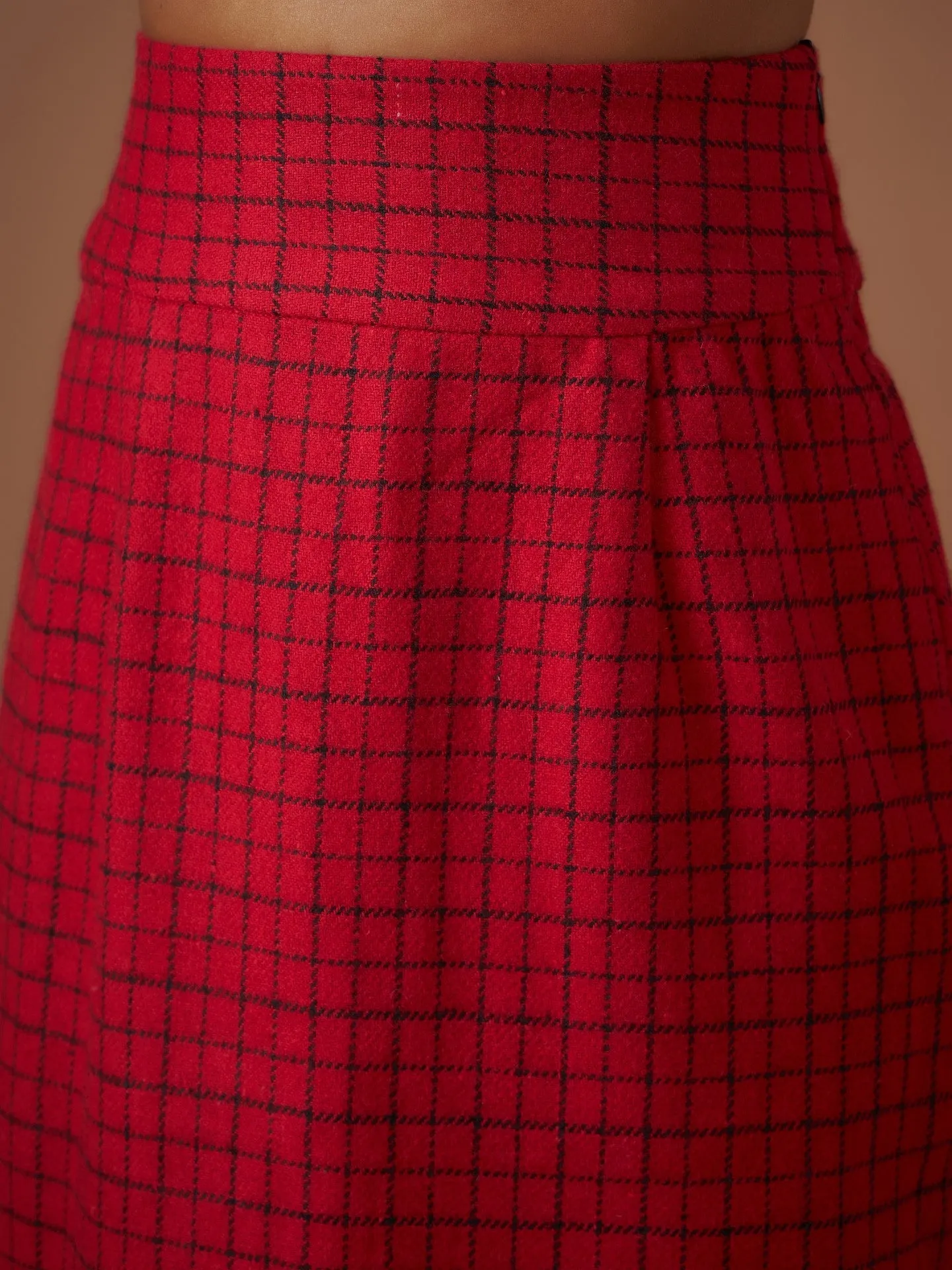 Women Red Check Jacquard Tweed Pencil Skirt