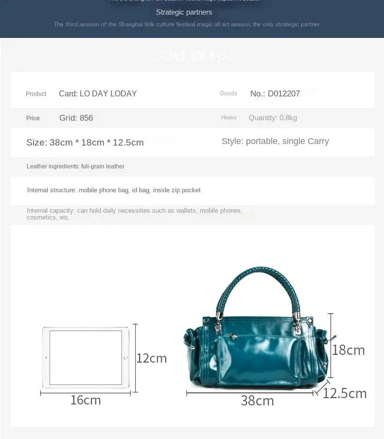 Women's Blue Genuine Leather Portable Casual Tote Shoulder Handbag