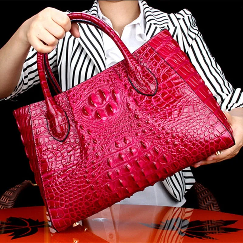 Women's Crocodile Pattern Genuine Leather Portable Messenger Tote Handbag