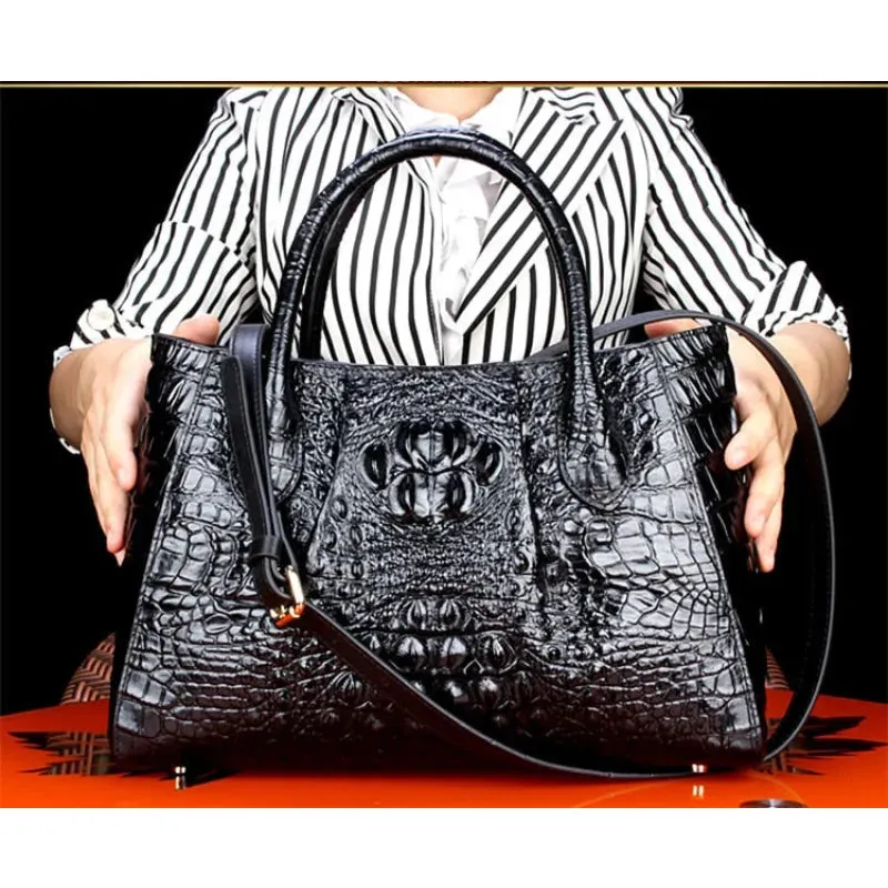 Women's Crocodile Pattern Genuine Leather Portable Messenger Tote Handbag