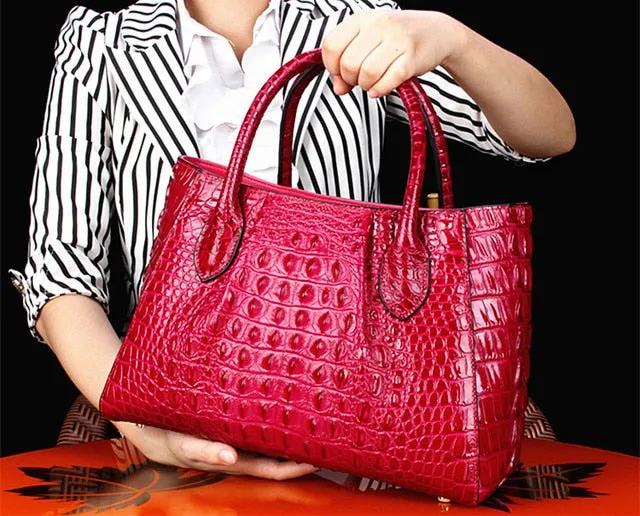 Women's Crocodile Pattern Genuine Leather Portable Messenger Tote Handbag