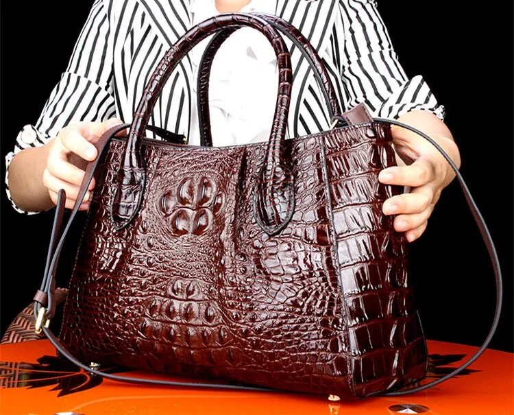 Women's Crocodile Pattern Genuine Leather Portable Messenger Tote Handbag