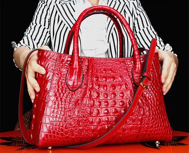 Women's Crocodile Pattern Genuine Leather Portable Messenger Tote Handbag