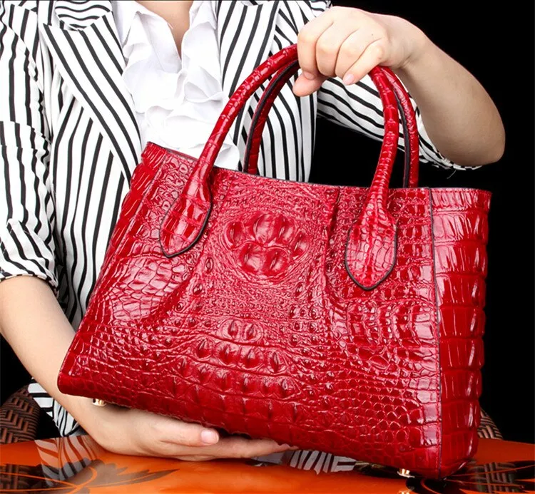 Women's Crocodile Pattern Genuine Leather Portable Messenger Tote Handbag