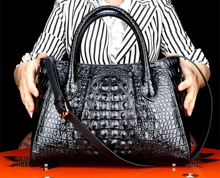 Women's Crocodile Pattern Genuine Leather Portable Messenger Tote Handbag