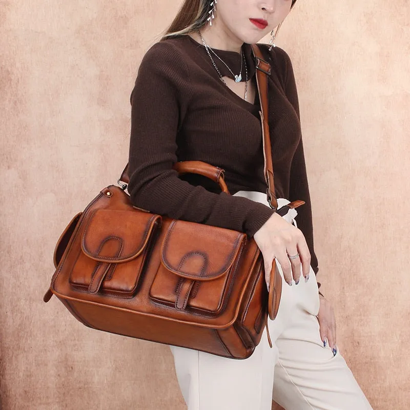 Women's Genuine Leather Large Capacity Multi Exterior Pocket Handbag