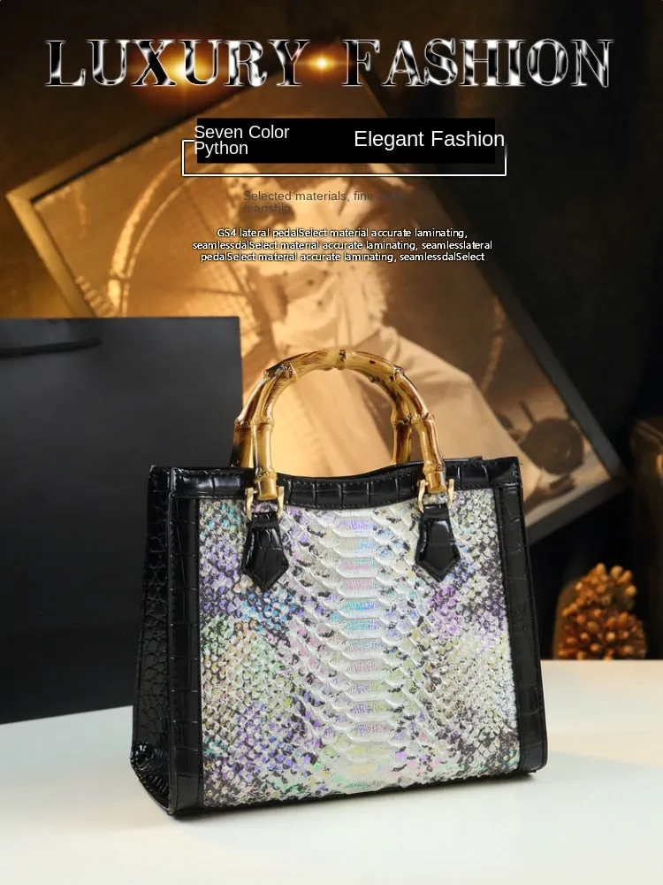 Women's Genuine Leather Snake Pattern Portable Bamboo Handle Handbag