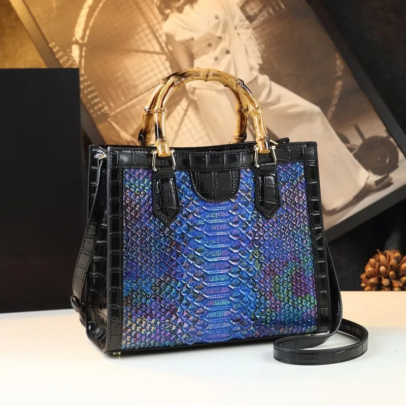 Women's Genuine Leather Snake Pattern Portable Bamboo Handle Handbag