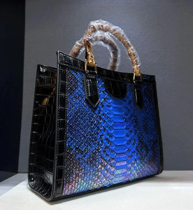 Women's Genuine Leather Snake Pattern Portable Bamboo Handle Handbag