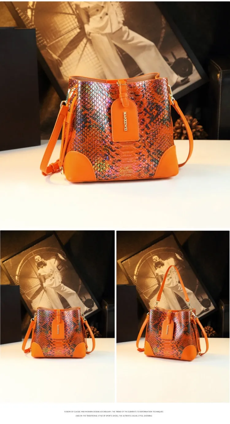 Women's Genuine Leather Snakeskin Pattern Large Capacity Bucket Handbag