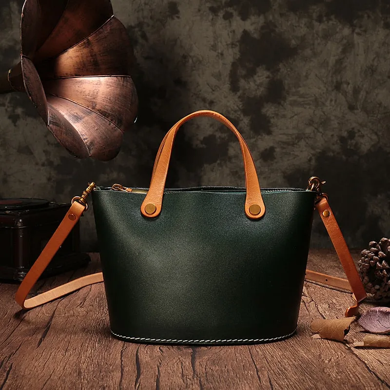 Women's Handmade Genuine Leather Small Bucket Shoulder Handbag