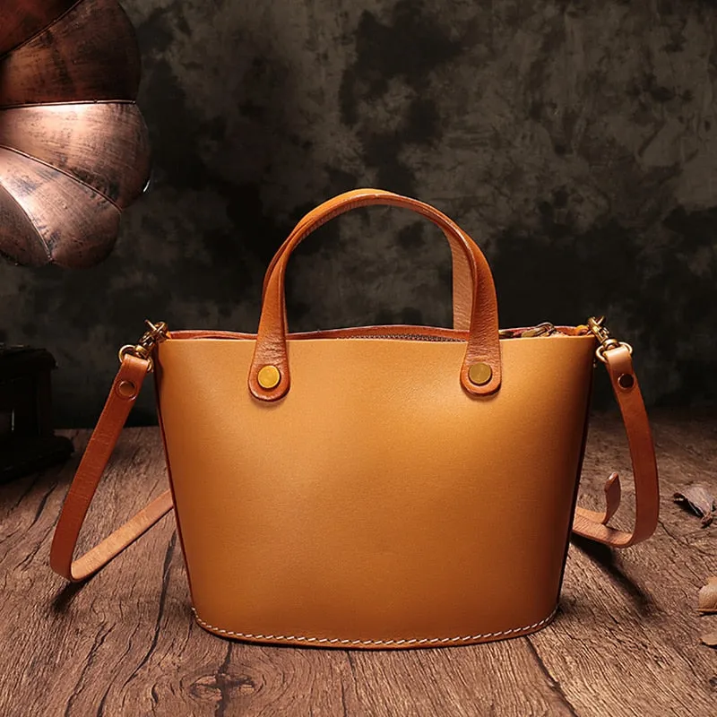 Women's Handmade Genuine Leather Small Bucket Shoulder Handbag