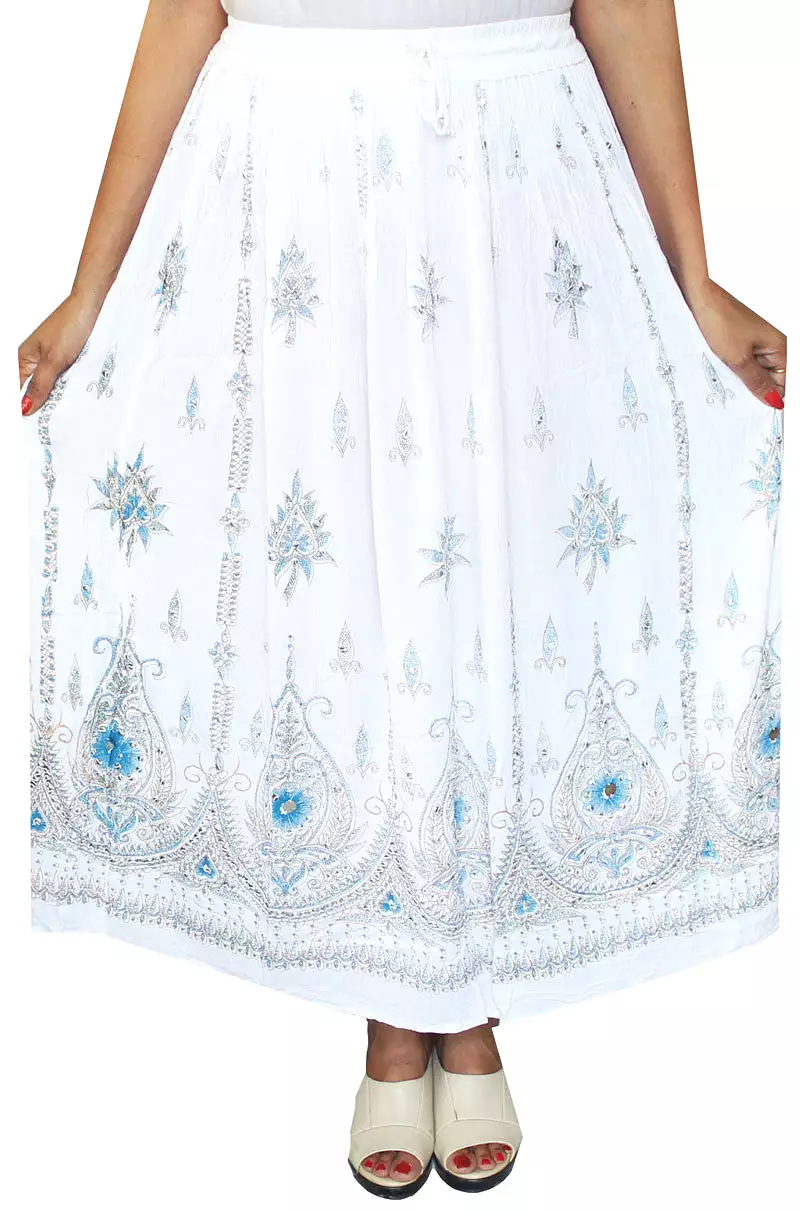 Womens Indian Long Skirts Sequins Ankle Length India Clothing (White)