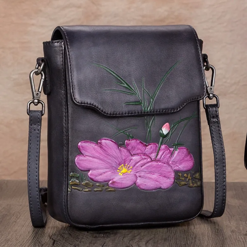 Women's Retro First Layer Cowhide Leather Floral Pattern Messenger Bag