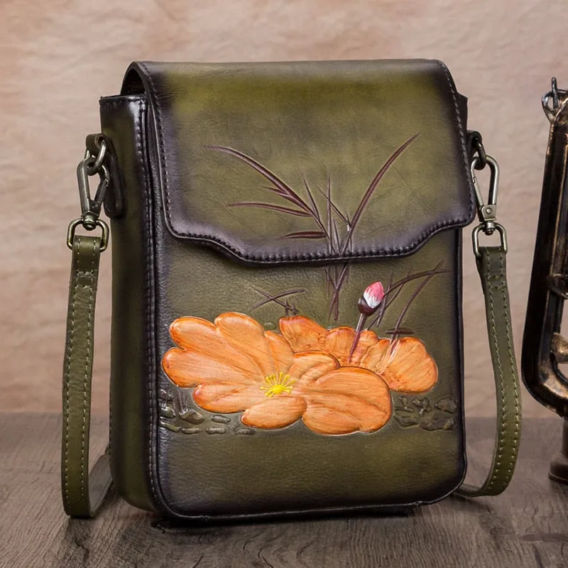 Women's Retro First Layer Cowhide Leather Floral Pattern Messenger Bag