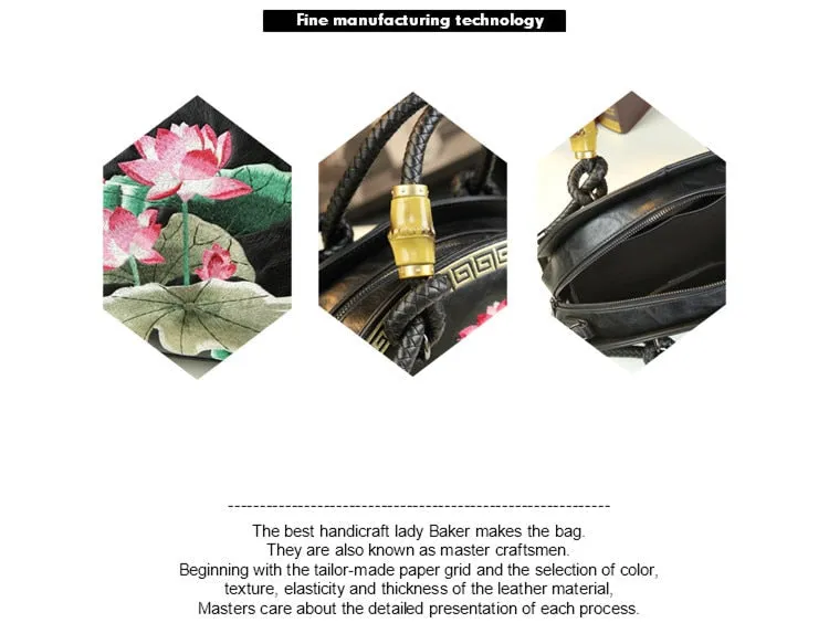 Women's Vintage Cowhide Leather Flower Embroidery Portable Shell Handbag