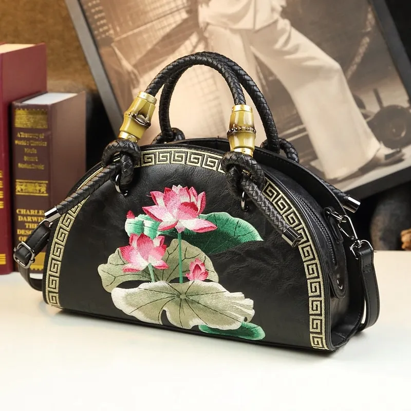 Women's Vintage Cowhide Leather Flower Embroidery Portable Shell Handbag