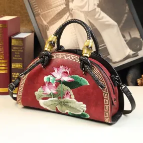 Women's Vintage Cowhide Leather Flower Embroidery Portable Shell Handbag