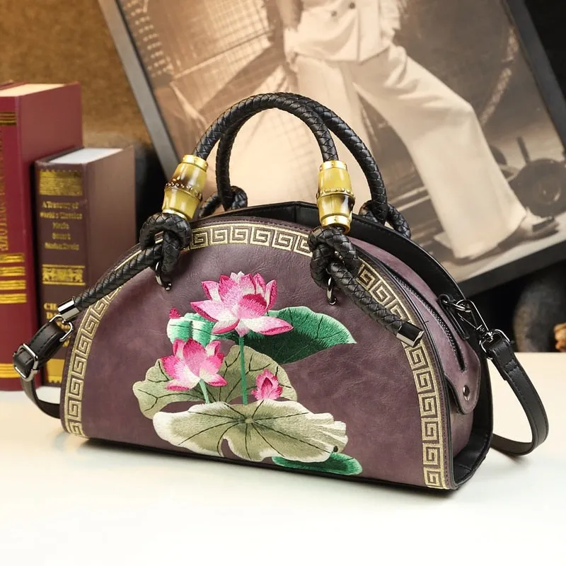 Women's Vintage Cowhide Leather Flower Embroidery Portable Shell Handbag