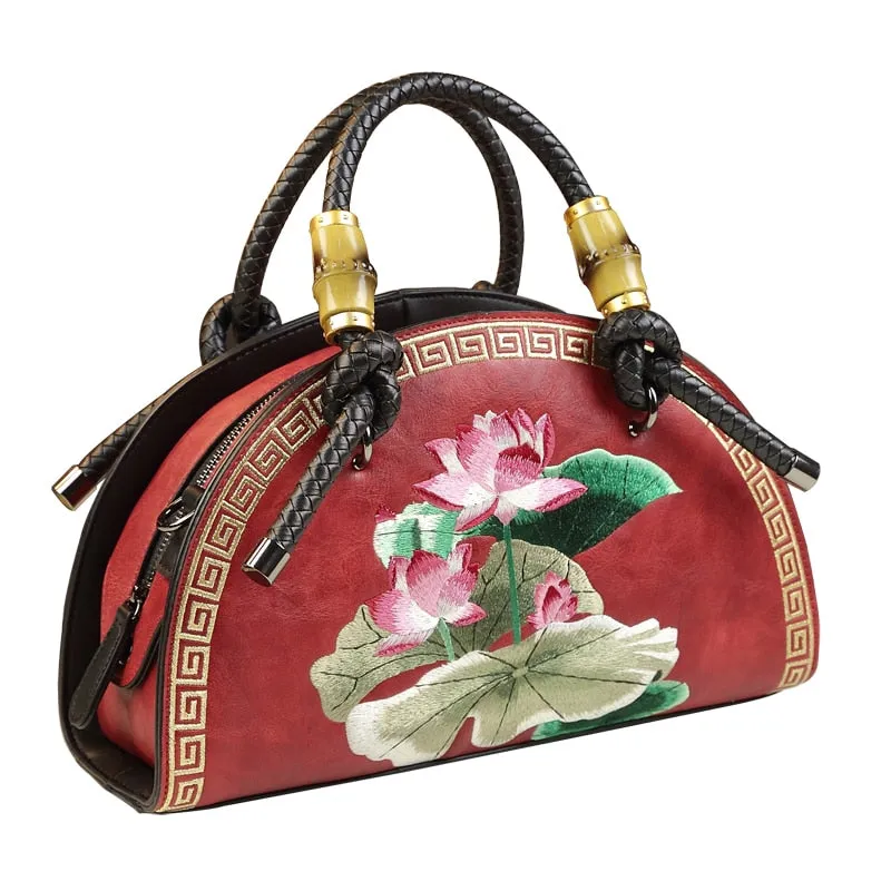 Women's Vintage Cowhide Leather Flower Embroidery Portable Shell Handbag