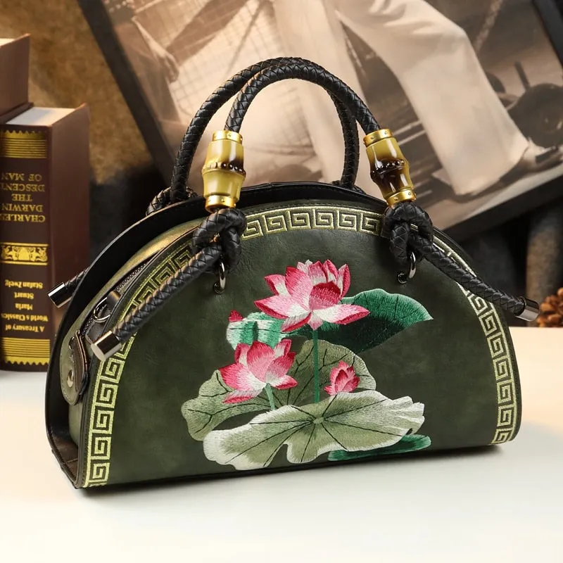 Women's Vintage Cowhide Leather Flower Embroidery Portable Shell Handbag